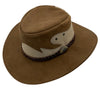 A Brown Jacaru 1021 Blaze hat with a mesh crown and bovine leather, featuring a decorative detail on the front.
