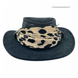 Black wide-brimmed hat with a leopard print scarf on a white background