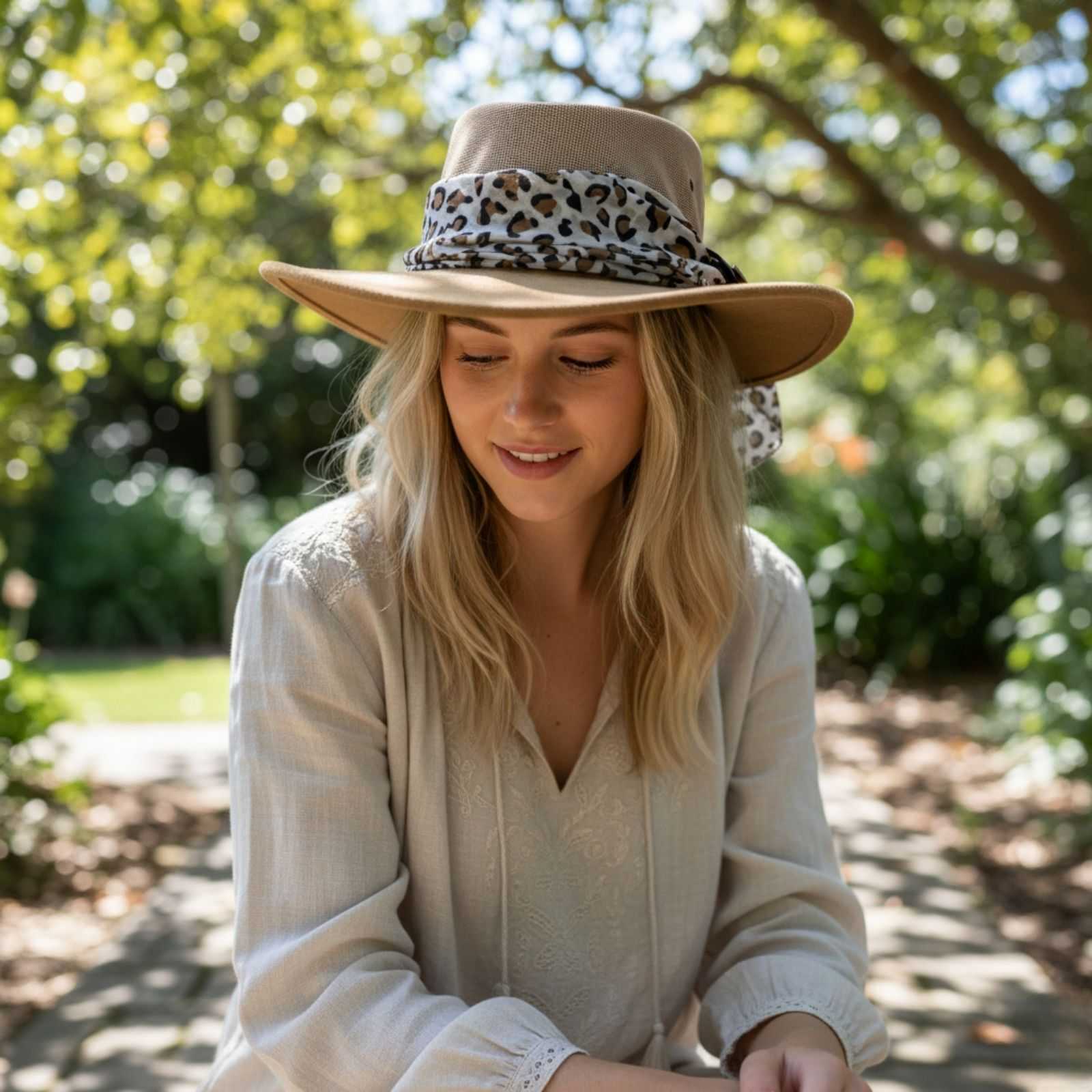 Woman wearing a wide-brimmed hat with a leopard print band outdoors.