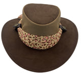 Brown wide-brimmed hat with a leopard print scarf on a white background