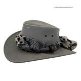 Gray Horizon Hat with Scarf patterned band on a white background