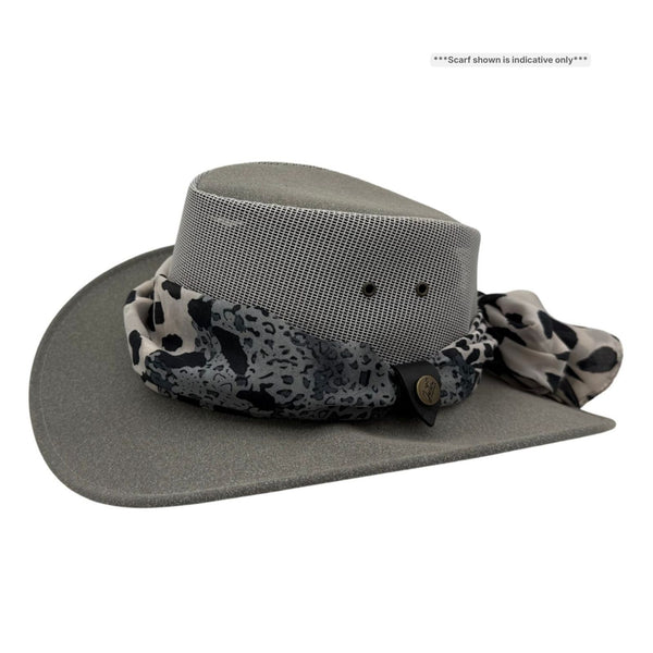 Gray Horizon Hat with Scarf patterned band on a white background