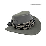 Gray Horizon Hat with Scarf patterned band on a white background