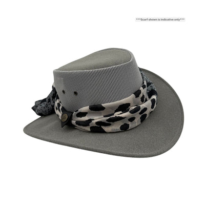 Gray Horizon Hat with Scarf patterned band on a white background