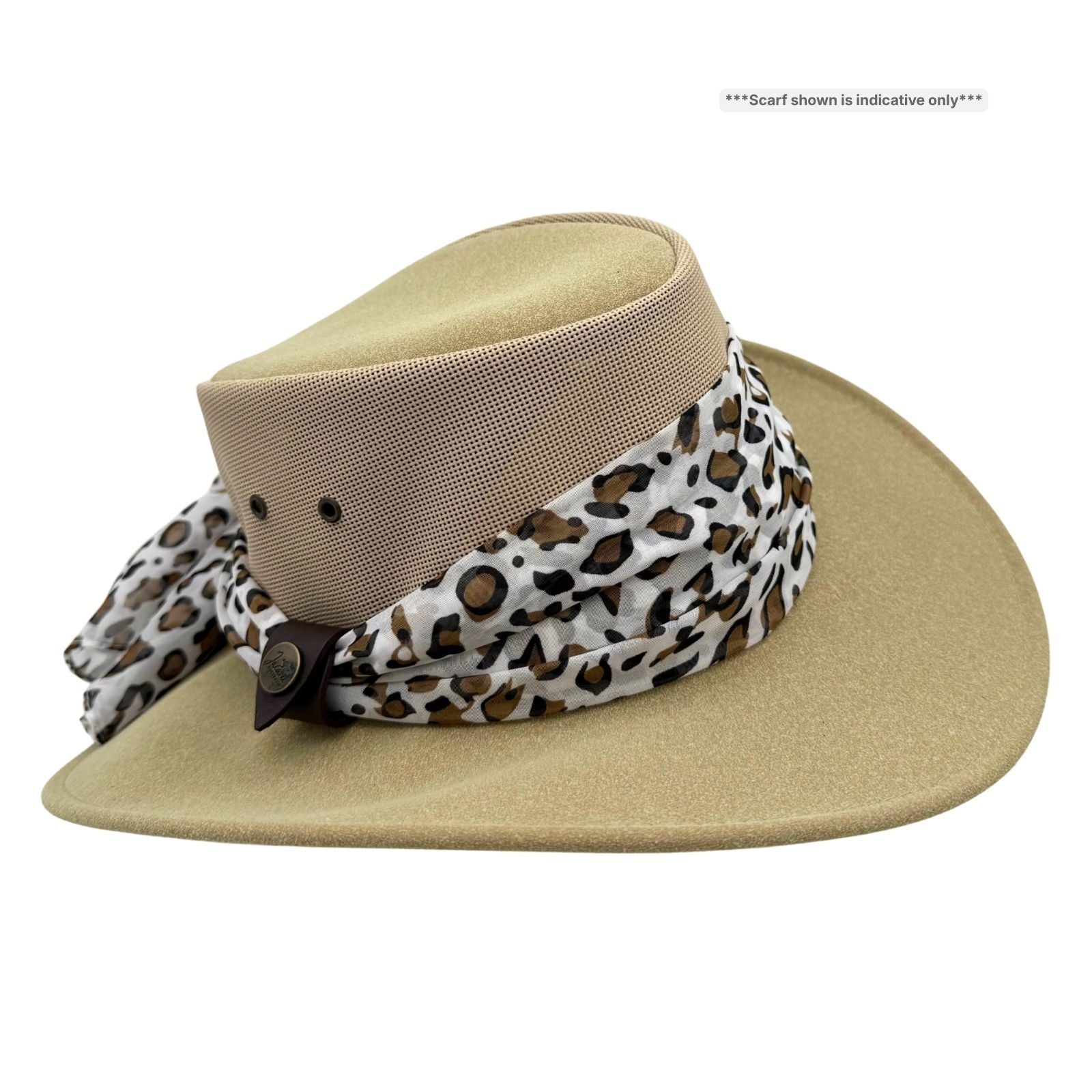 sand Horizon Hat with Scarf leopard print scarf on a white background