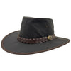 A brown Jacaru 1026A Knockabout hat with a waxed cotton finish, featuring a memory wire brim and a braided band with a metal buckle.