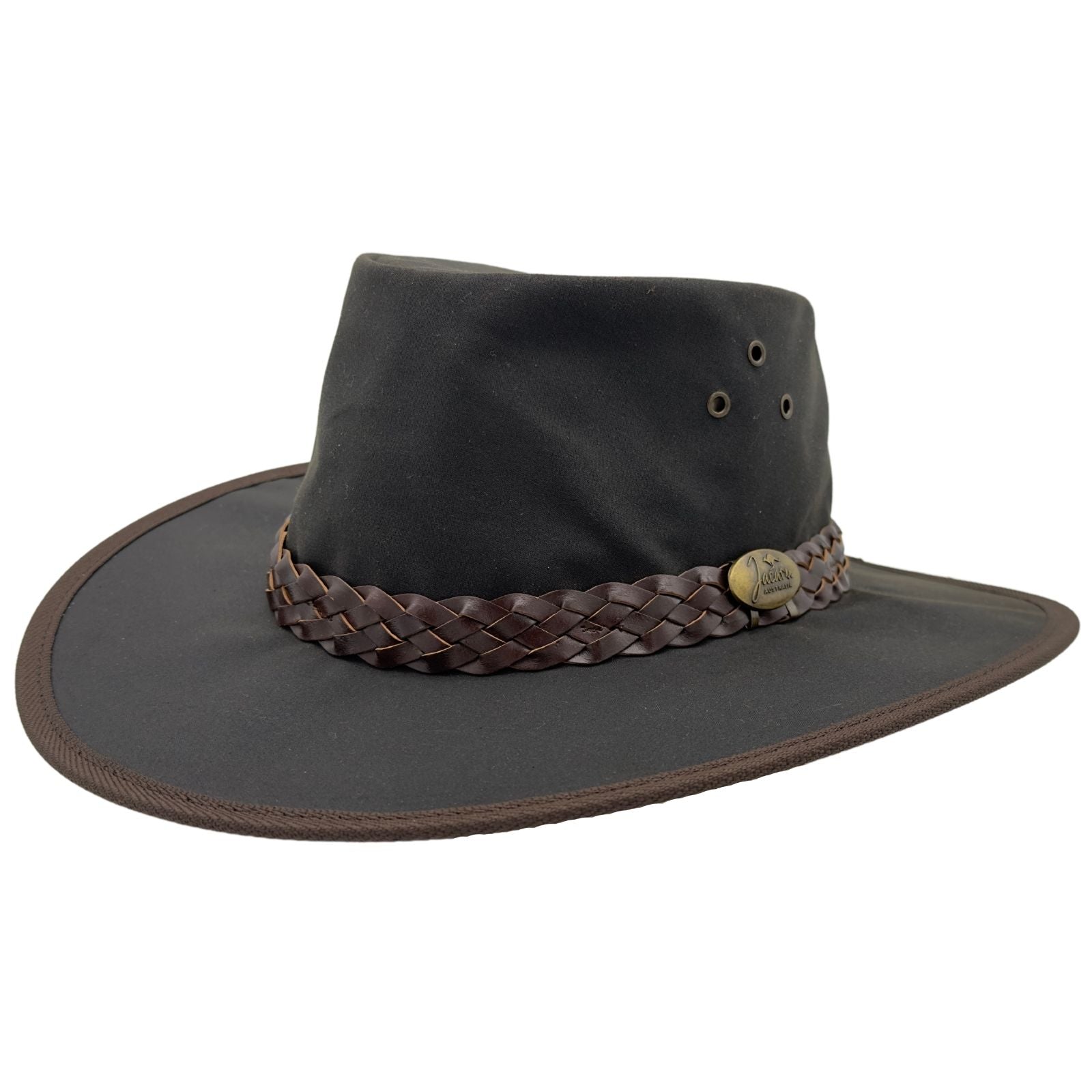 A brown Jacaru 1026A Knockabout hat with a waxed cotton finish, featuring a memory wire brim and a braided band with a metal buckle.