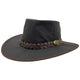 A brown Jacaru 1026A Knockabout hat with a waxed cotton finish, featuring a memory wire brim and a braided band with a metal buckle.