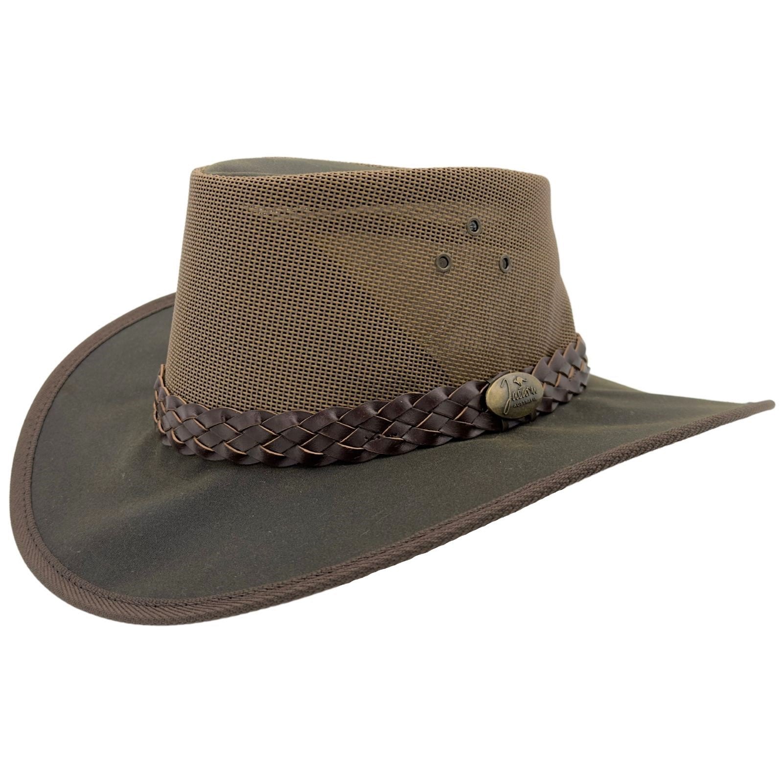 A Jacaru 1026B Knockabout Breeze Hat with a breathable mesh crown and a braided band, colored in green and brown tones, designed for outdoor activities.