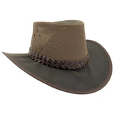 A Jacaru 1026B Knockabout Breeze Hat with a breathable mesh crown and a braided band, colored in green and brown tones, designed for outdoor activities.
