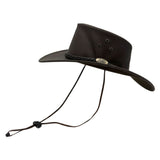 A wide-brimmed, outback-style hat in a matte dark brown finish
