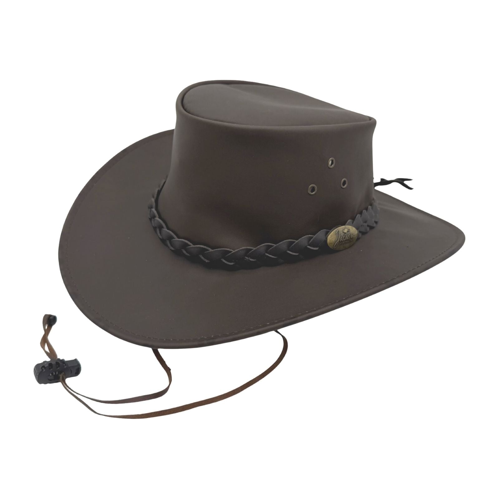 Brown leather hat with braided band and chin strap