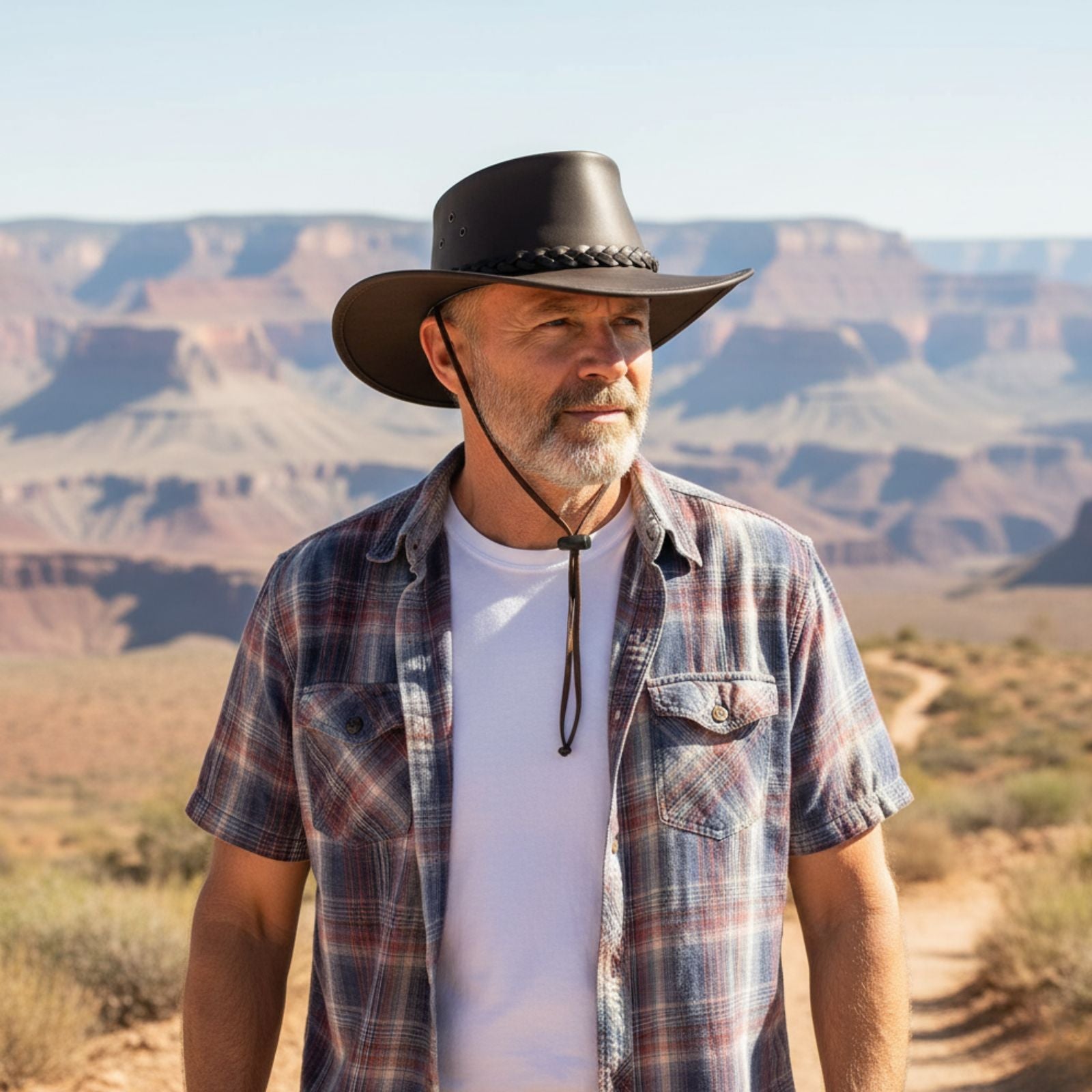 Man wearing a cowboy hat and plaid shirt standing in front of a desert landscape