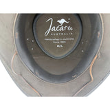 Gray leather hat with Jacaru Australia logo and text on a white background