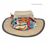 Beige Ladies Camper Hat with a colorful scarf on a white background