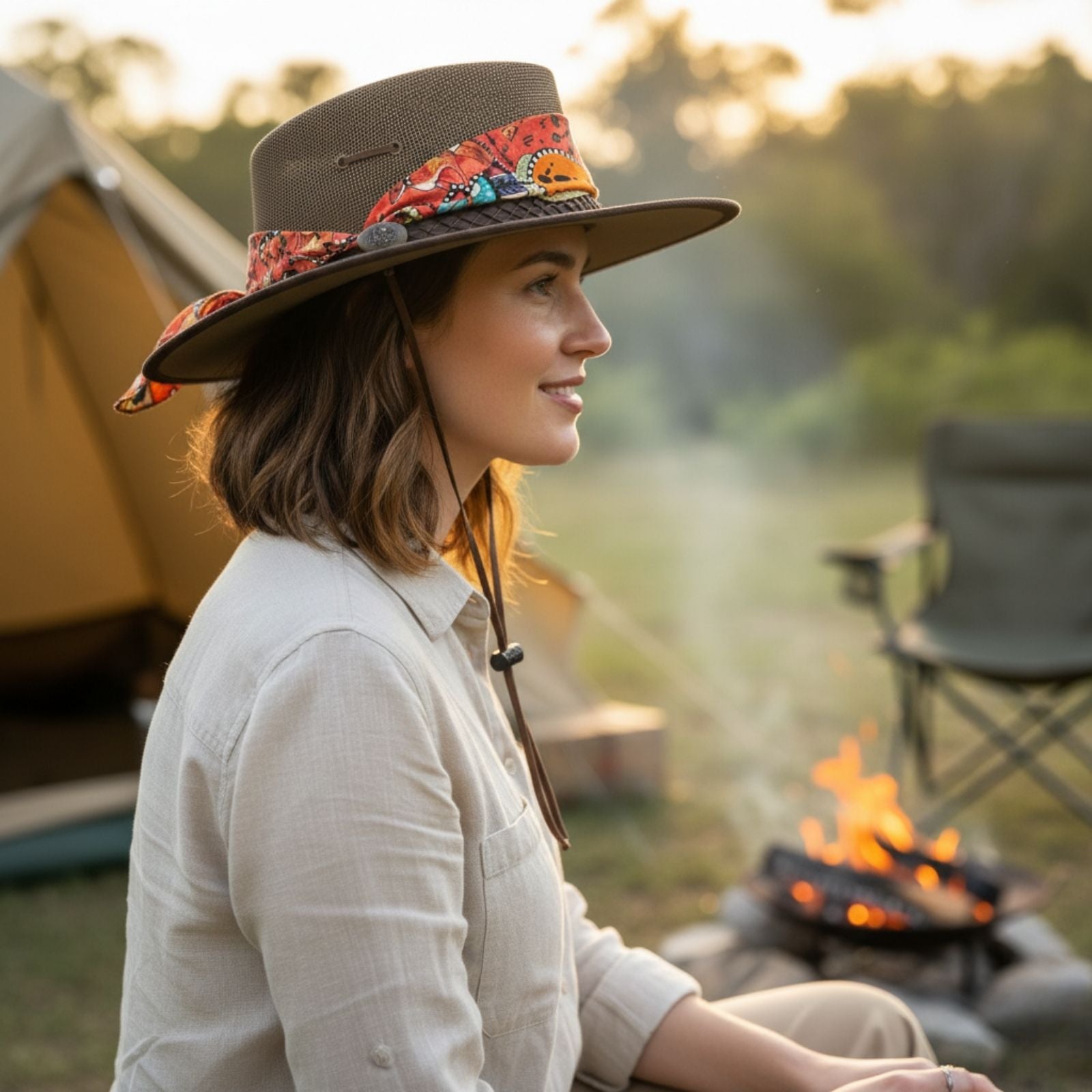 Woman Ladies Camper Hat with a colorful band, sitting by a campfire with a tent in the background.