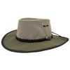 A khaki Jacaru 104 Bushbreeze Camper hat with a mesh crown and chinstrap.