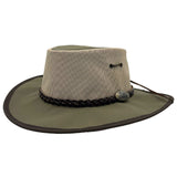 A khaki Jacaru 104 Bushbreeze Camper hat with a mesh crown and chinstrap.