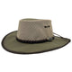A khaki Jacaru 104 Bushbreeze Camper hat with a mesh crown and chinstrap.