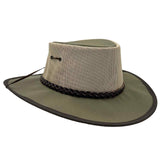 A khaki Jacaru 104 Bushbreeze Camper hat with a mesh crown and chinstrap.