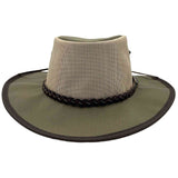 A khaki Jacaru 104 Bushbreeze Camper hat with a mesh crown and chinstrap.