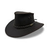 A black oiled bovine leather hat with a braided band, featuring eyelets and a flat brim.