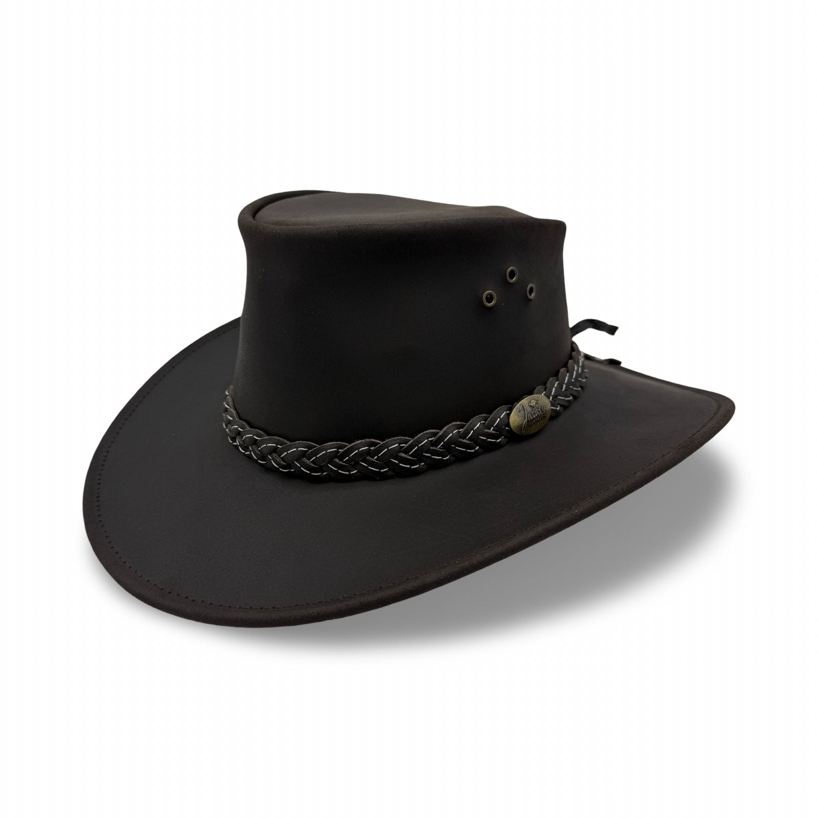 A black oiled bovine leather hat with a braided band, featuring eyelets and a flat brim.