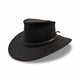 A black oiled bovine leather hat with a braided band, featuring eyelets and a flat brim.