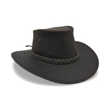 An outdoor-style leather hat, commonly known as an Australian bush hat or outback hat