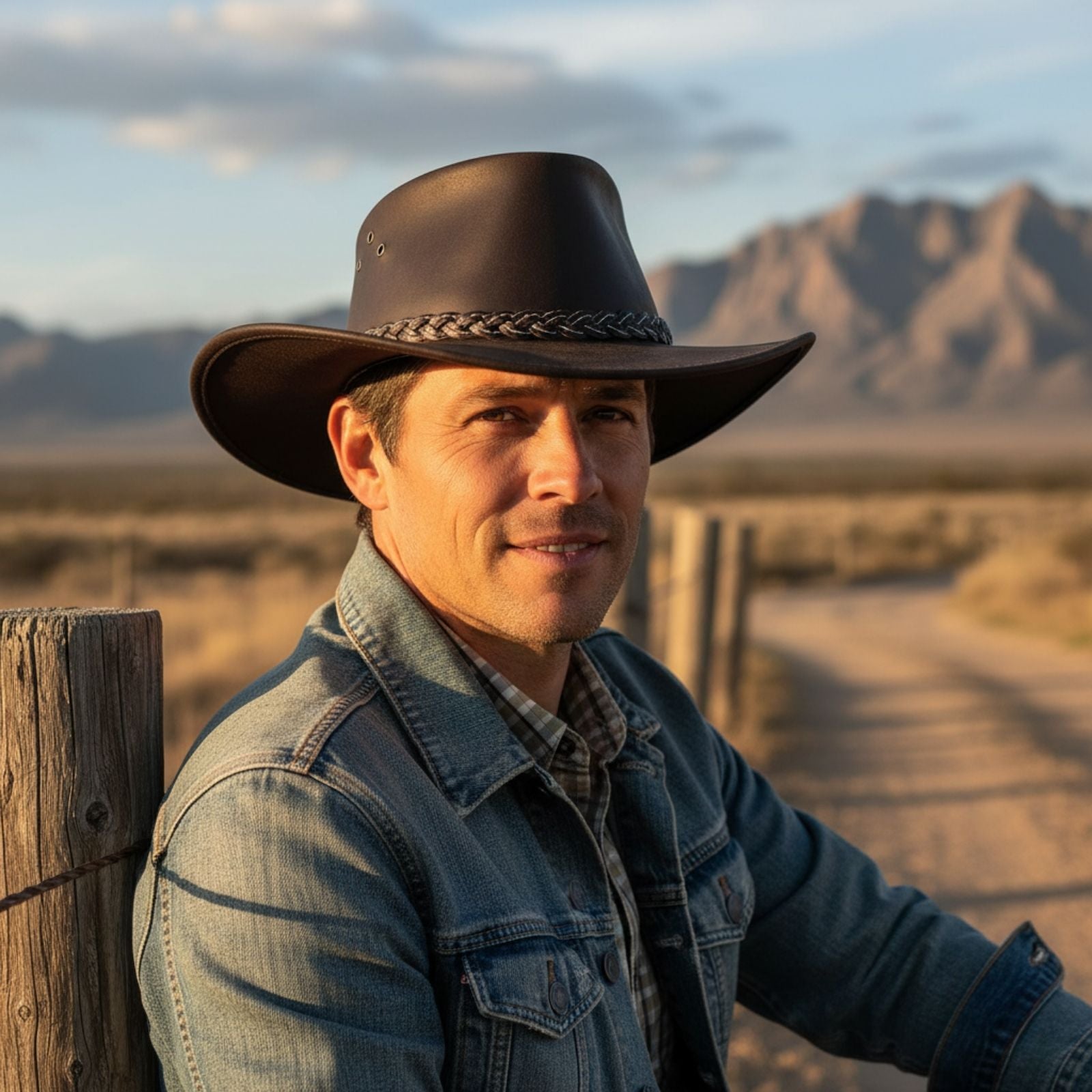 Man wearing a cowboy hat and denim jacket standing in a desert landscape with mountains in the background.