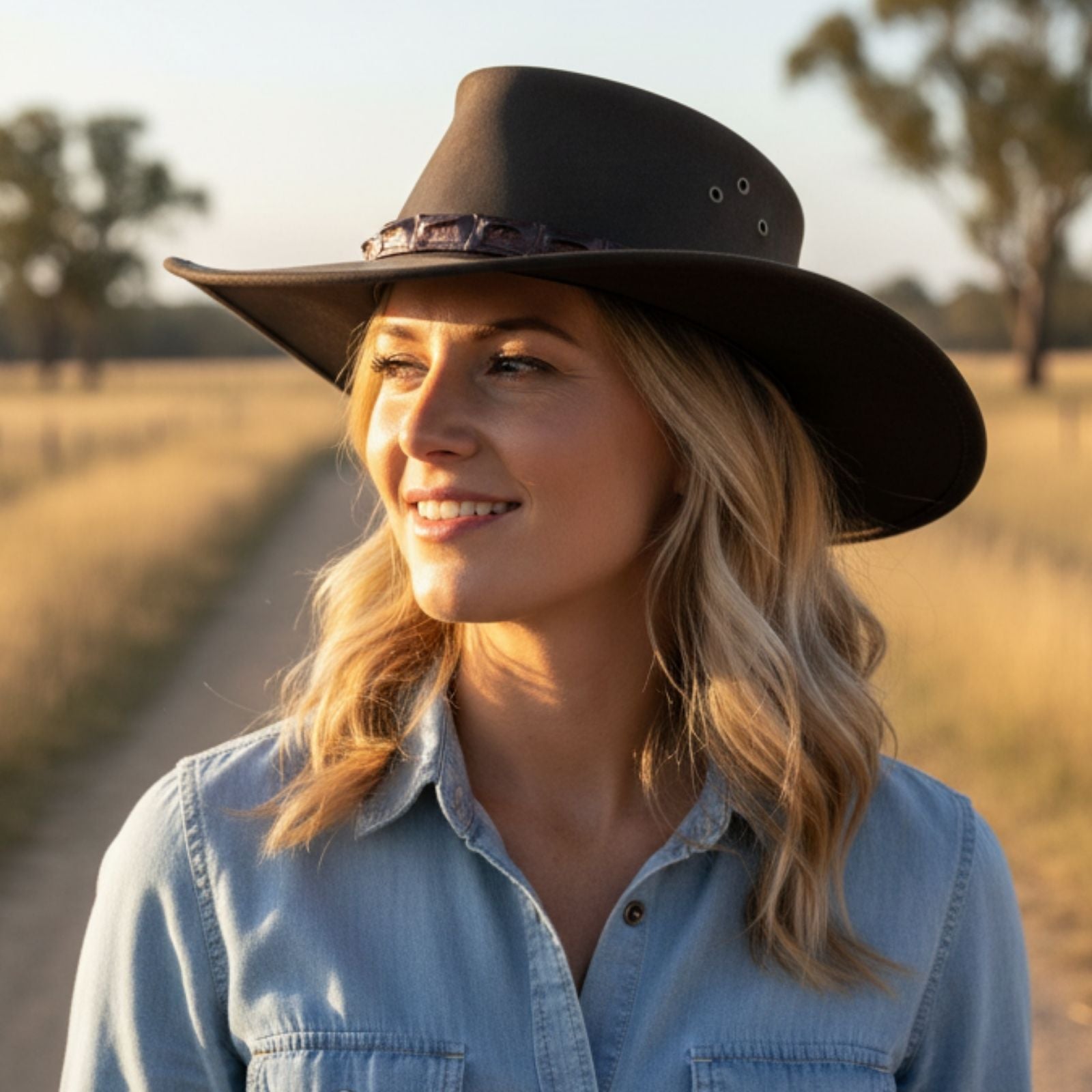 a woman with blonde, wavy, shoulder-length hair looking. She wears a Jacaru Brown Crackerjack Croc Hat