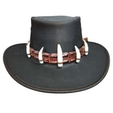 Jacaru 1058 Wallaroo Croc Hat in dark brown leather with crocodile‑pattern band and white tooth accents.
