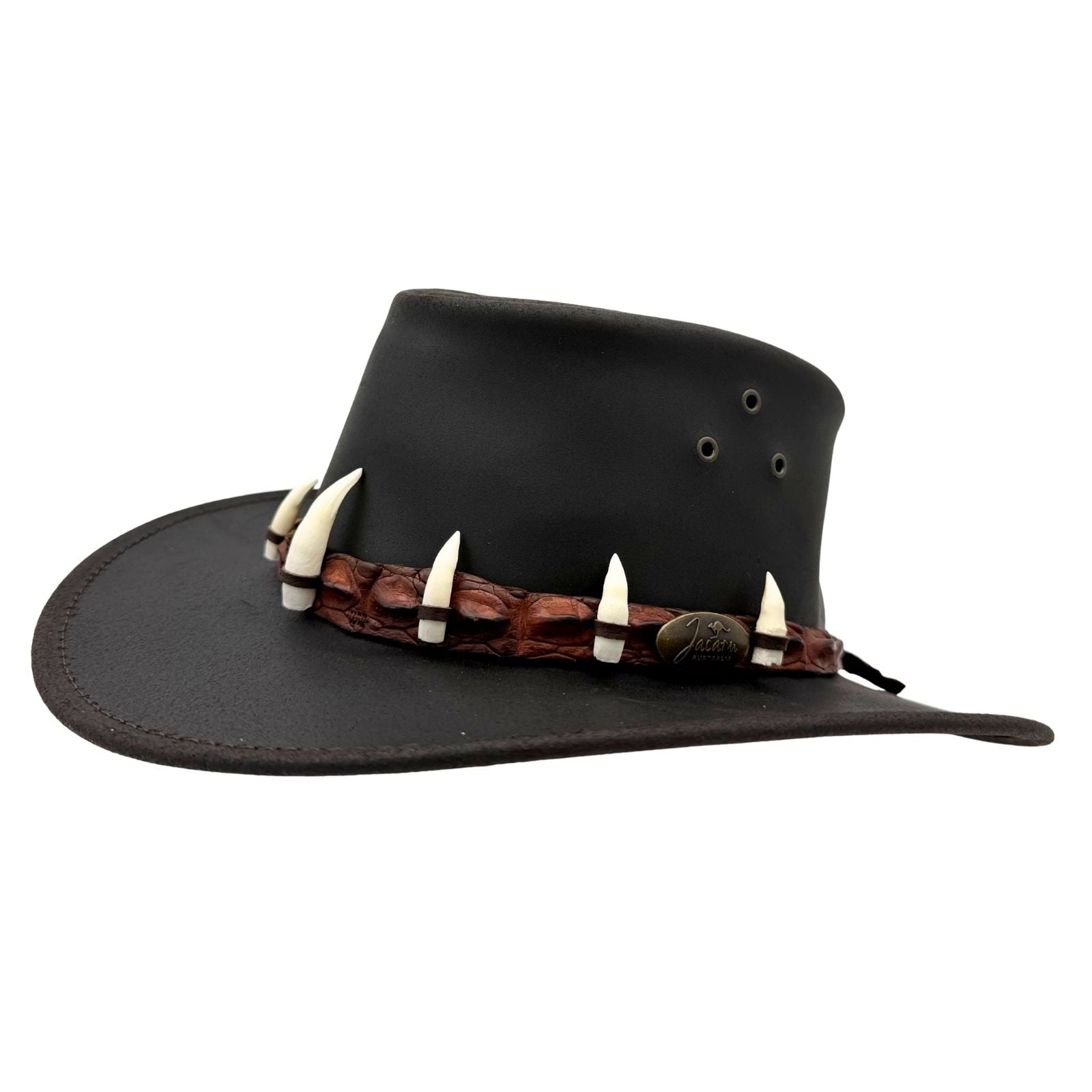 Black Wallaroo Croc Hat with a decorative band featuring white teeth and brown leather on a white background