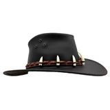 Black Wallaroo Croc Hat brown band and white tusks on a white background