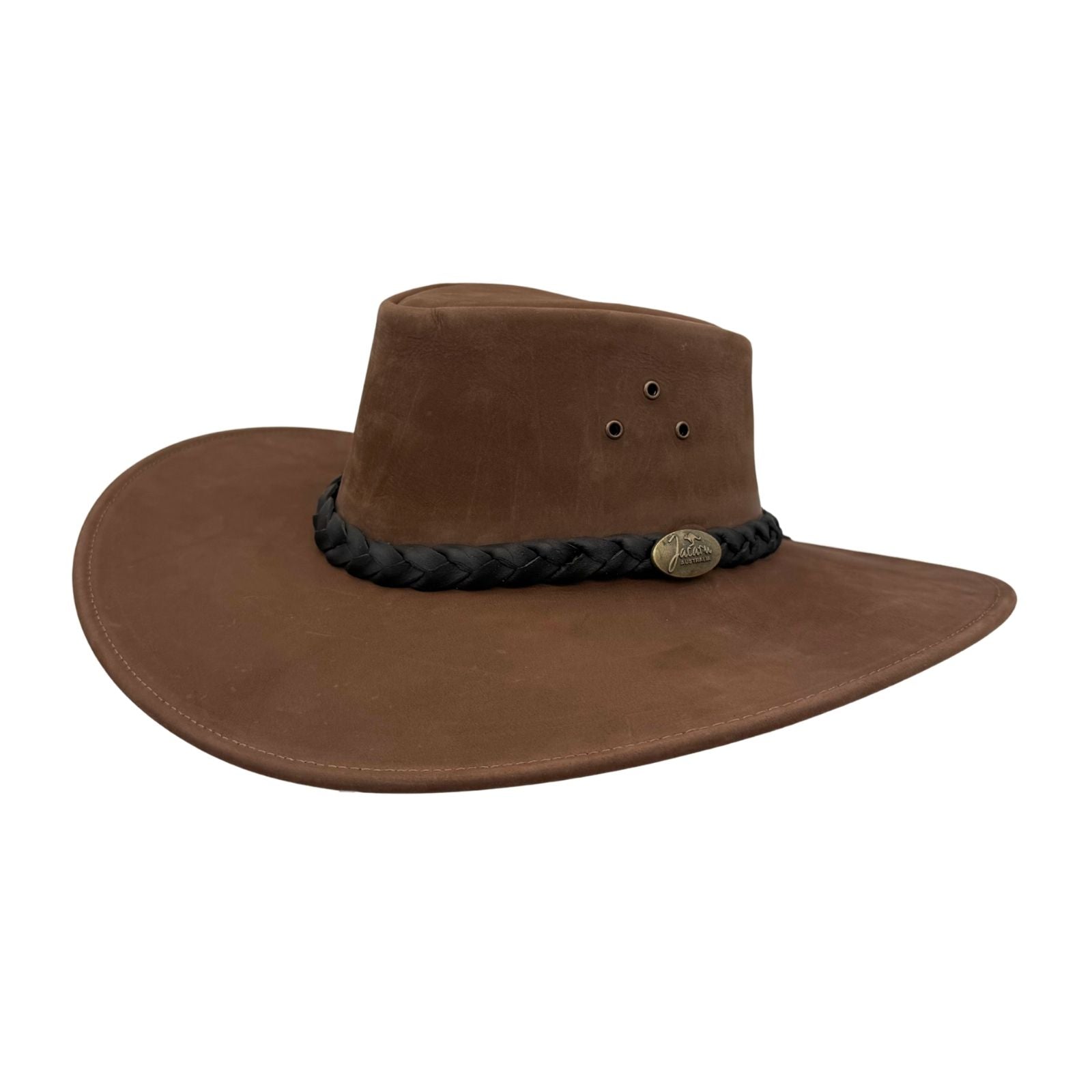 Brown cowboy hat with a braided band on a white background