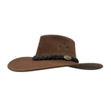 Brown leather hat with a braided band on a white background