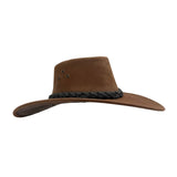 Brown cowboy hat with braided band on a white background