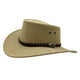 Beige cowboy hat with a braided brown band on a white background