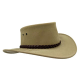 Beige cowboy hat with a braided brown band on a white background