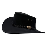 Black cowboy hat with braided band and logo on a white background