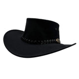 Black cowboy hat with braided band on a white background