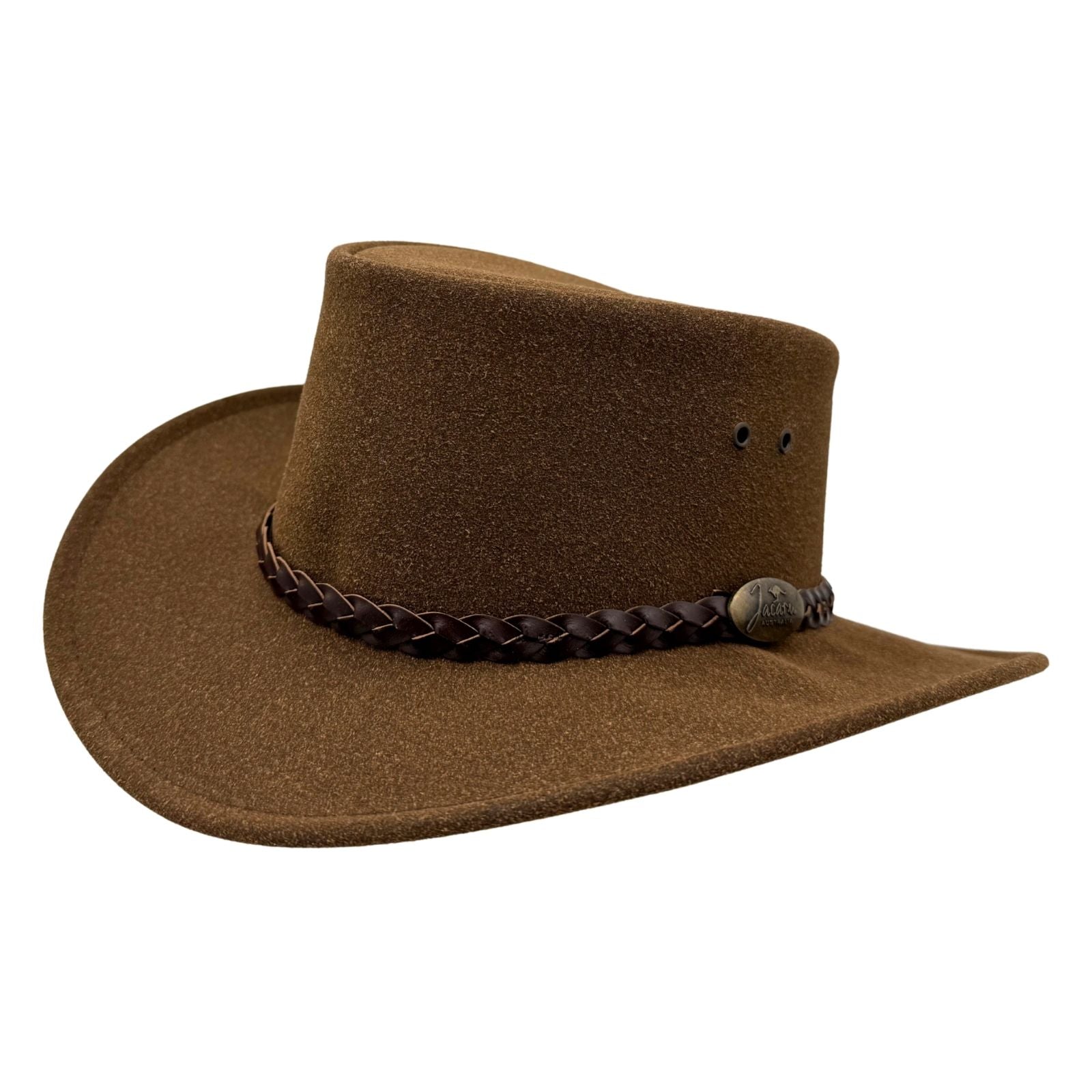 Brown cowboy hat with a braided leather band on a white background