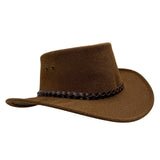 Brown cowboy hat with a braided band on a white background