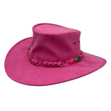 Pink hat with braided band and button on a white background