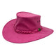 Pink hat with braided band and button on a white background