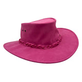 Pink wide-brimmed hat with braided detail on a white background