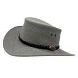 Gray fedora hat with a black braided band on a white background