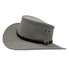 Gray fedora hat with a black braided band on a white background