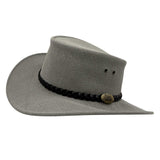 Gray fedora hat with a black braided band on a white background