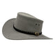 Gray fedora hat with a black braided band on a white background